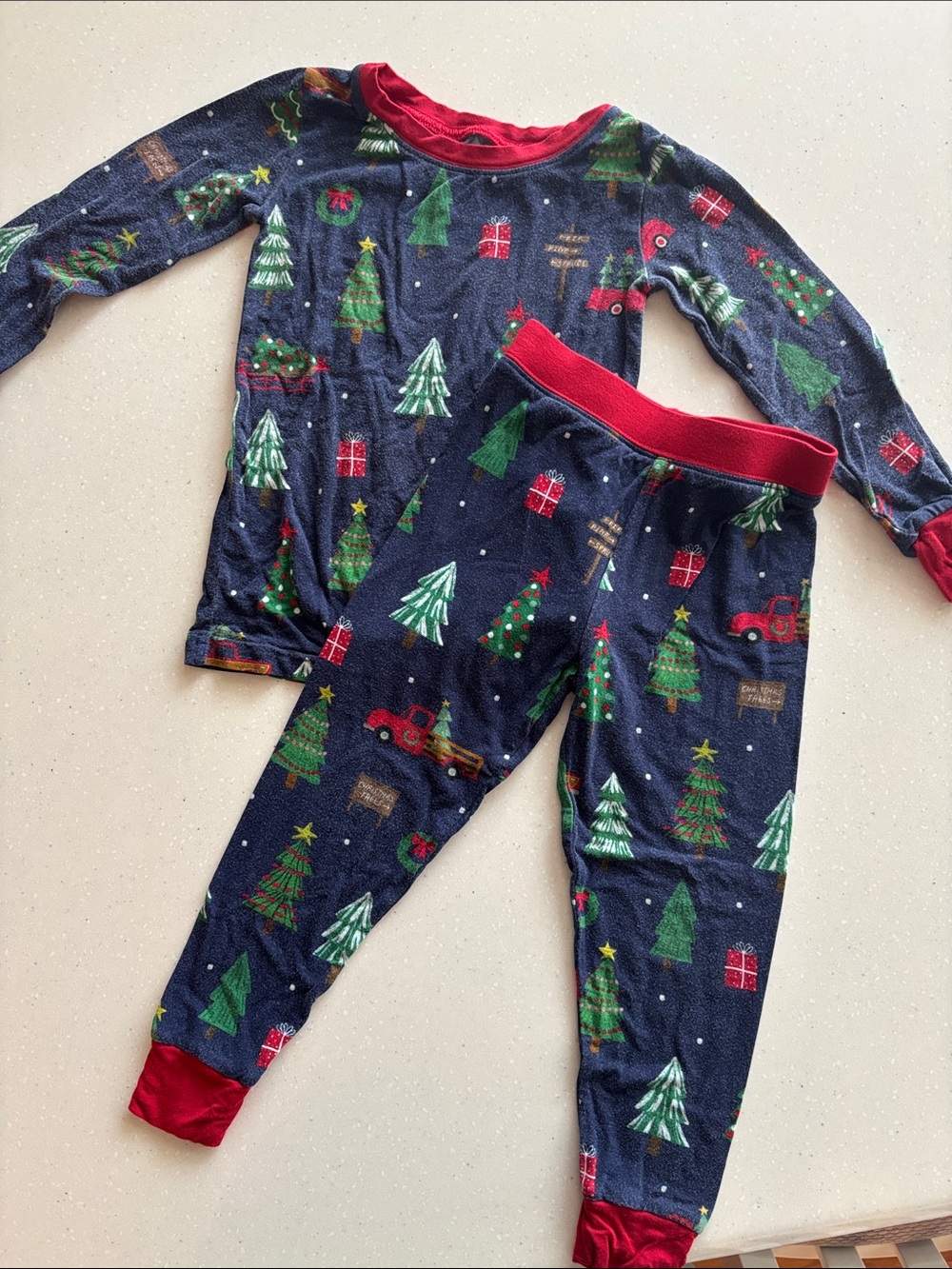 Little Sleepies Kids Navy Christmas Tree Pajama Set with Red Trim